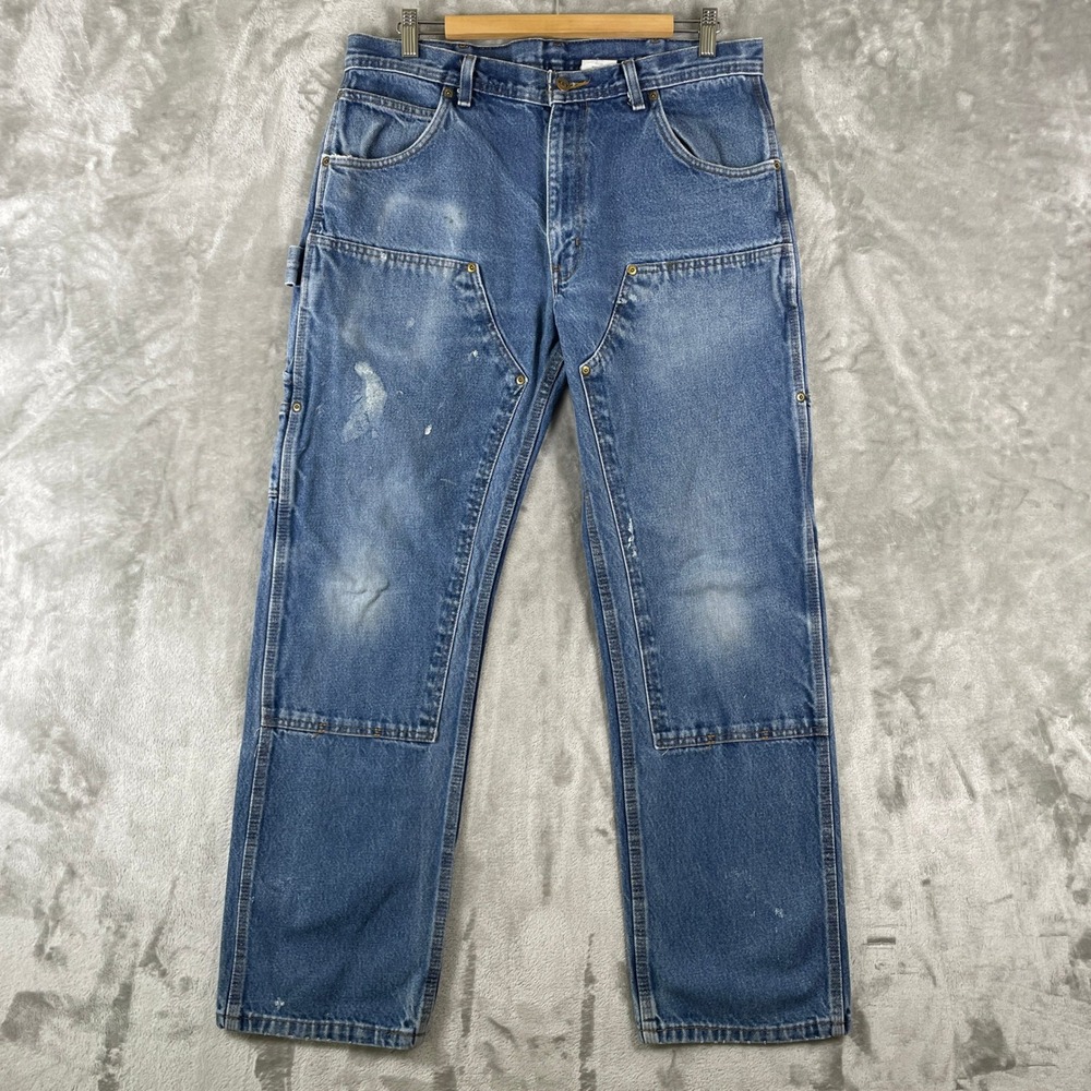 Vintage Key Double Knee Jeans Mens 34x32 Blue Denim Carpenter Utility Distressed